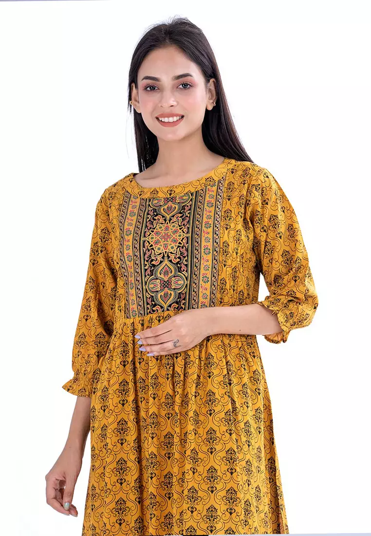 Le Reve 黄色粘胶连衣裙风格长款束腰外衣