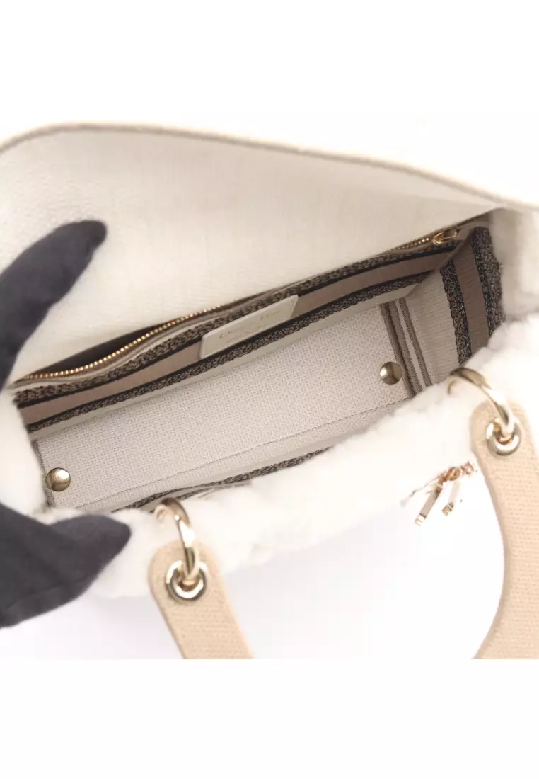 Pre-Loved Christian Dior LADY D-LITE medium bag Handbag shearling canvas white beige black 2WAY