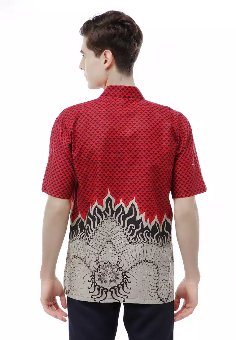 Kendrick Atasan Formal Kemeja Batik Pria Motif Lidah Api Short Sleeve Full Furing Material Cotton ORIGINAL - Red