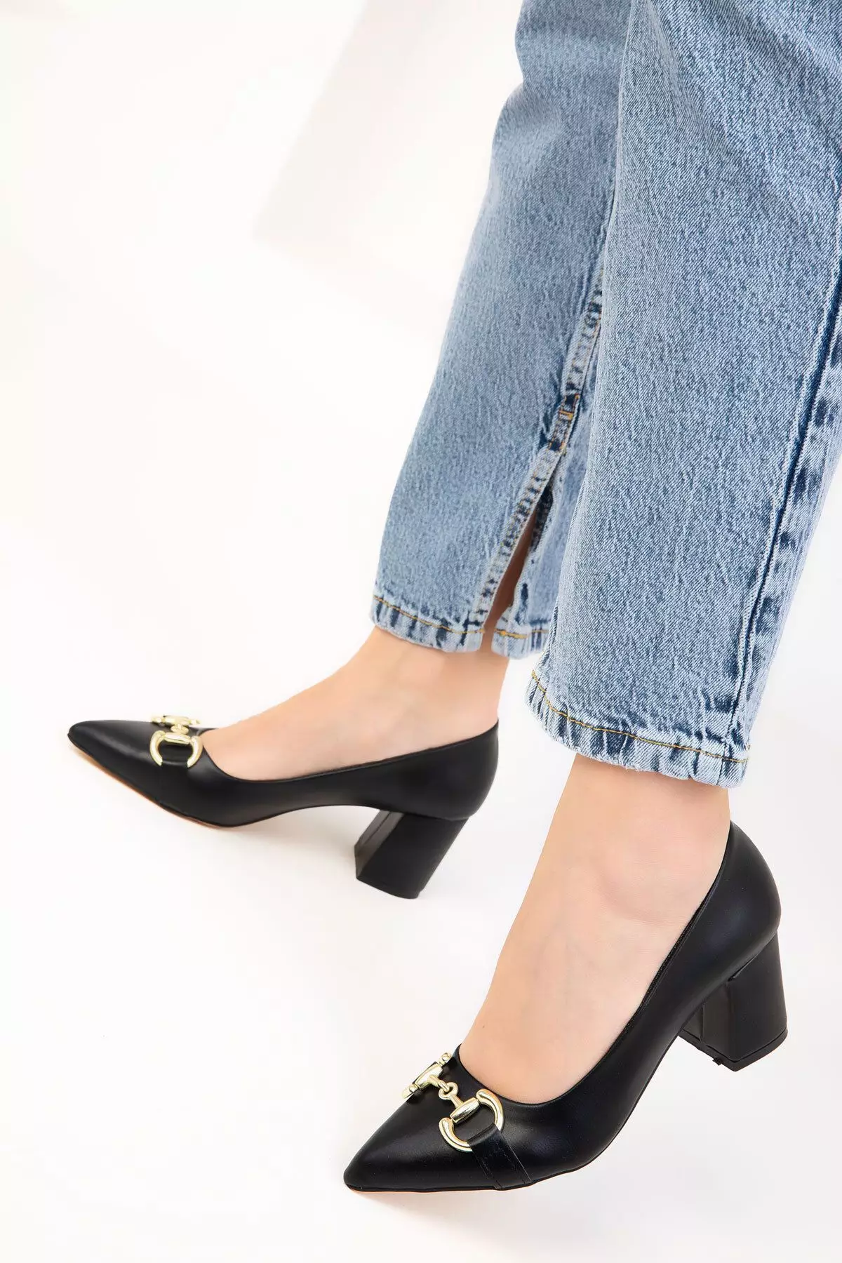 Faux Leather Heels with Accessory Detail