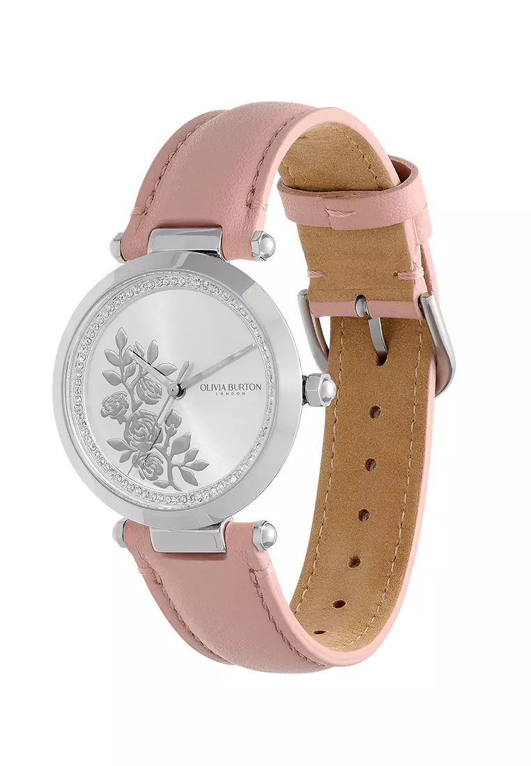 Olivia Burton 34mm Floral T-Bar Rose & Silver Leather Strap Watch - 24000046