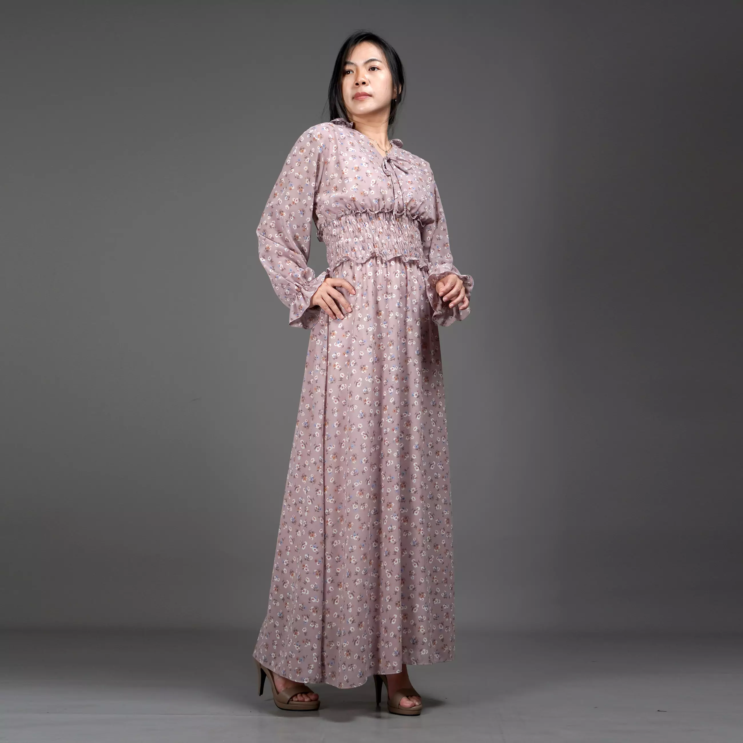  Dress SHALMA Long Dress Sifon Gaun Panjang Gaya Korea - Moka