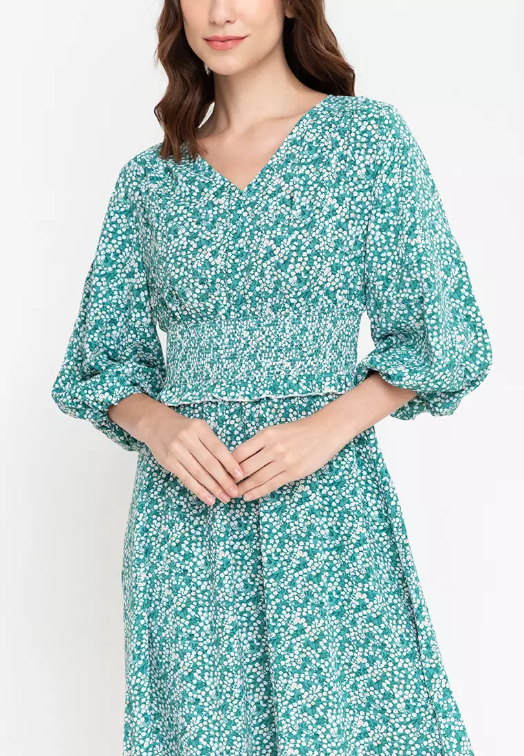 Clarence Printed V-neck Smocked Dress