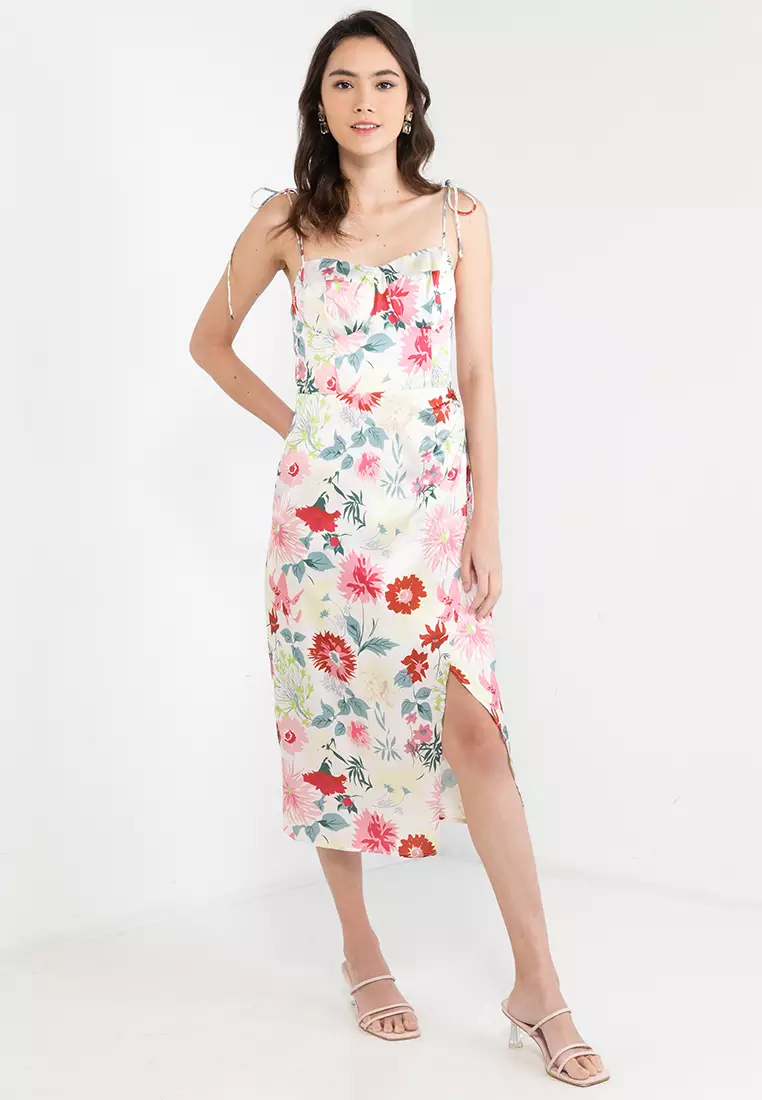 Thigh Slit Floral Print Midi Dress