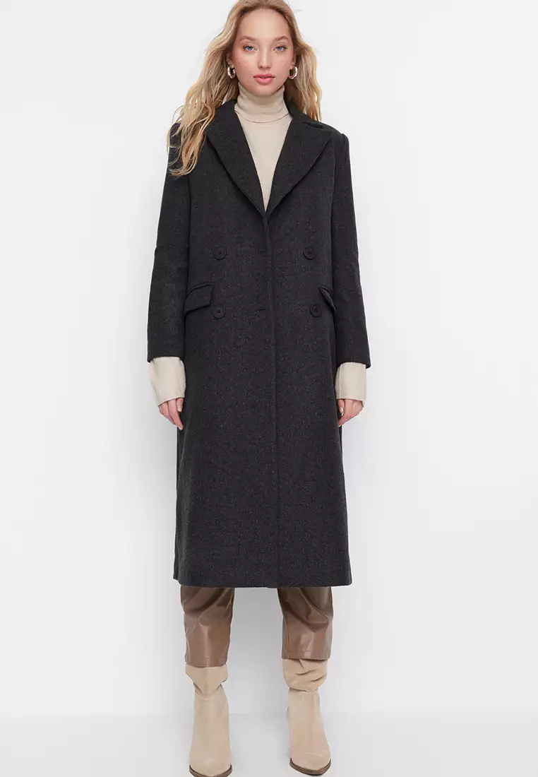 Herringbone Patterned Long Stamped Coat