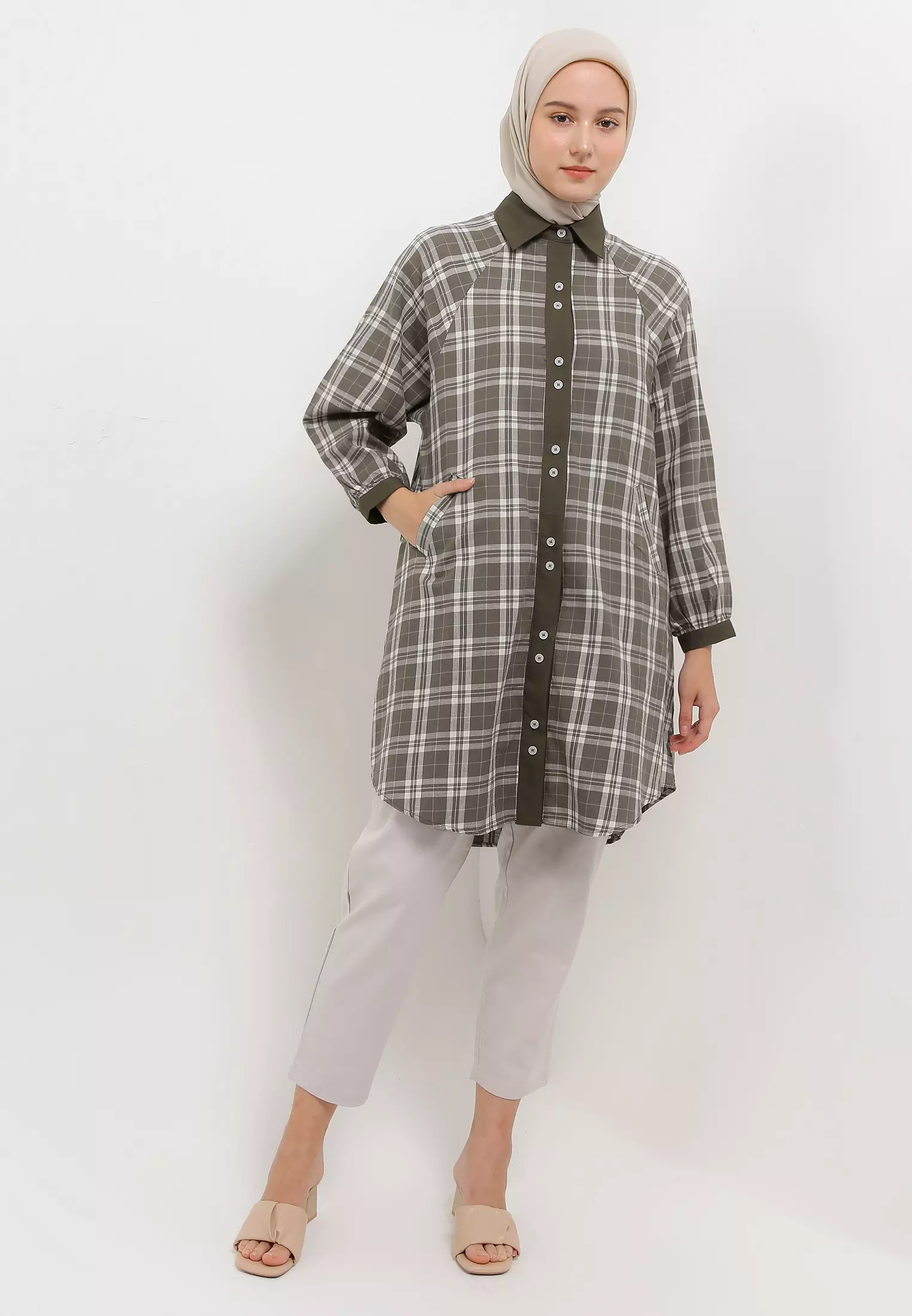 MFMW Slubby Tunik Military Olive Motif Kotak