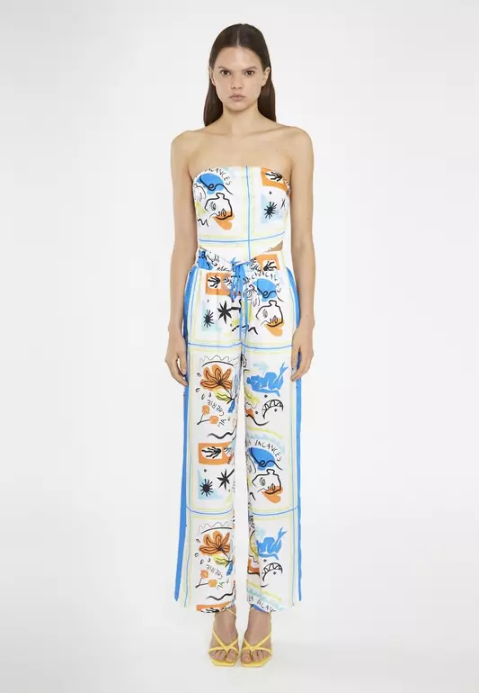 Blue Scarf Print Contrast Stripe Wide Leg Trousers