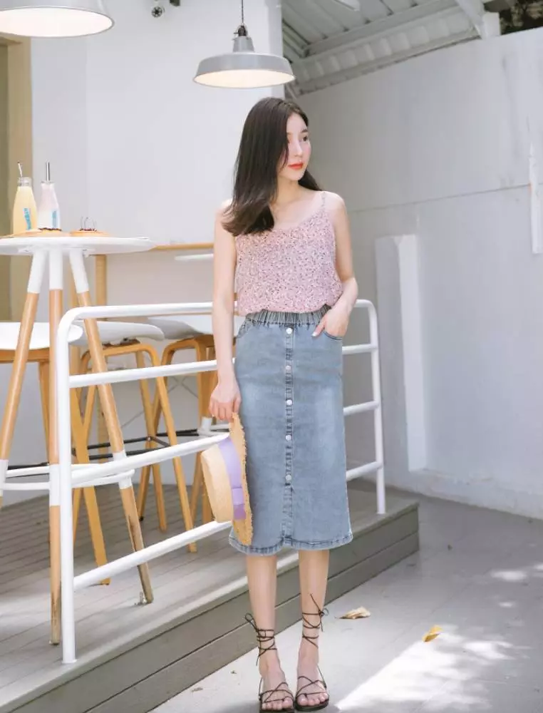 刷色排釦鬆緊腰頭Ａ字牛仔中長裙《CA1610》