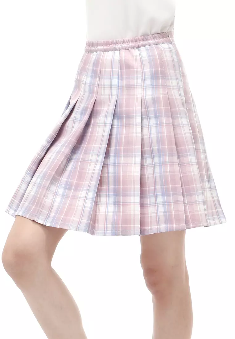 Rok Midi Wanita Motif Tartan Rubbery Waist Design Simple - Peach
