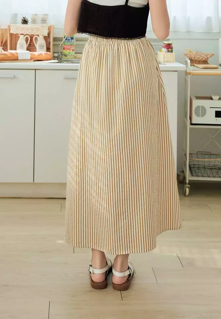 Vertical Stripe Drawstring Elastic Waist Maxi Skirt [CA3114]