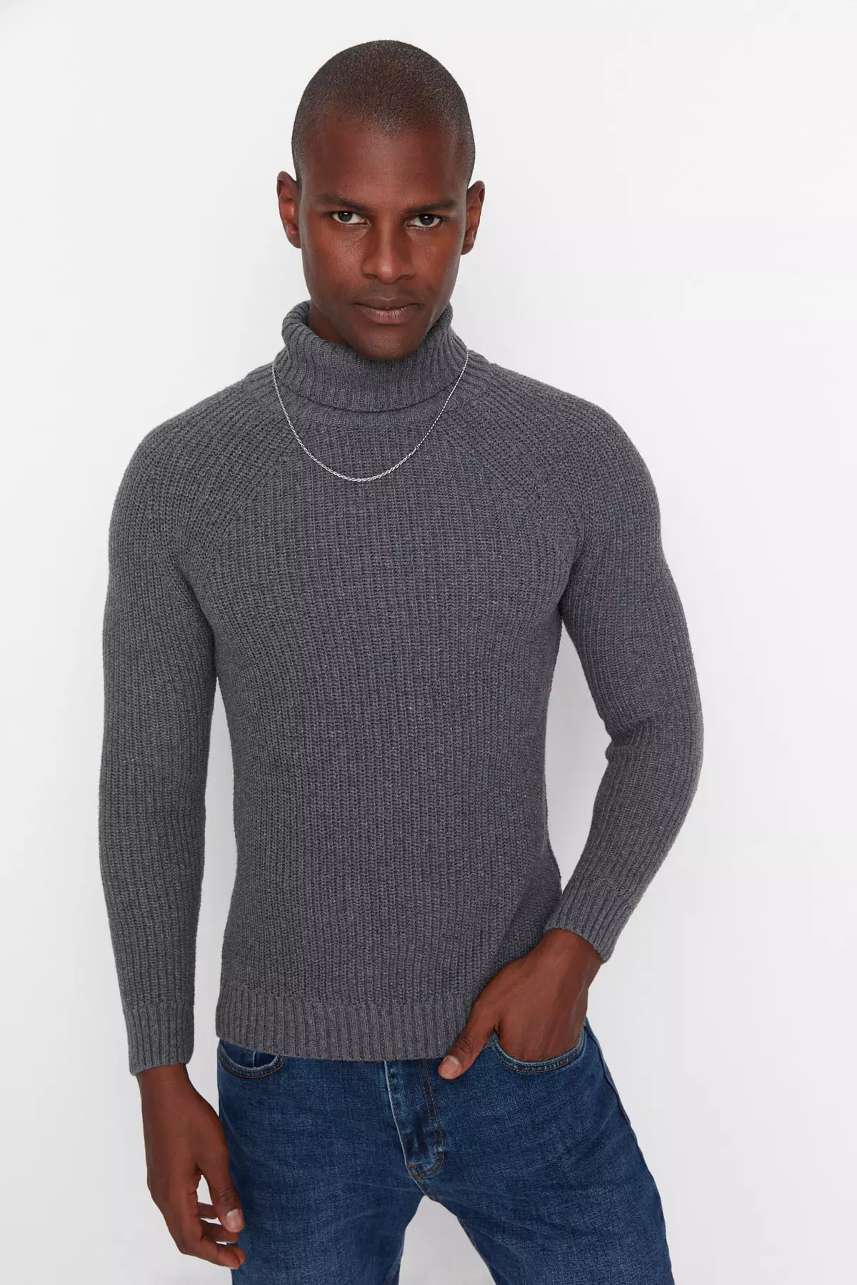 Trendyol Gray Men s Slim Fit Turtleneck Raglan Sleeve Basic