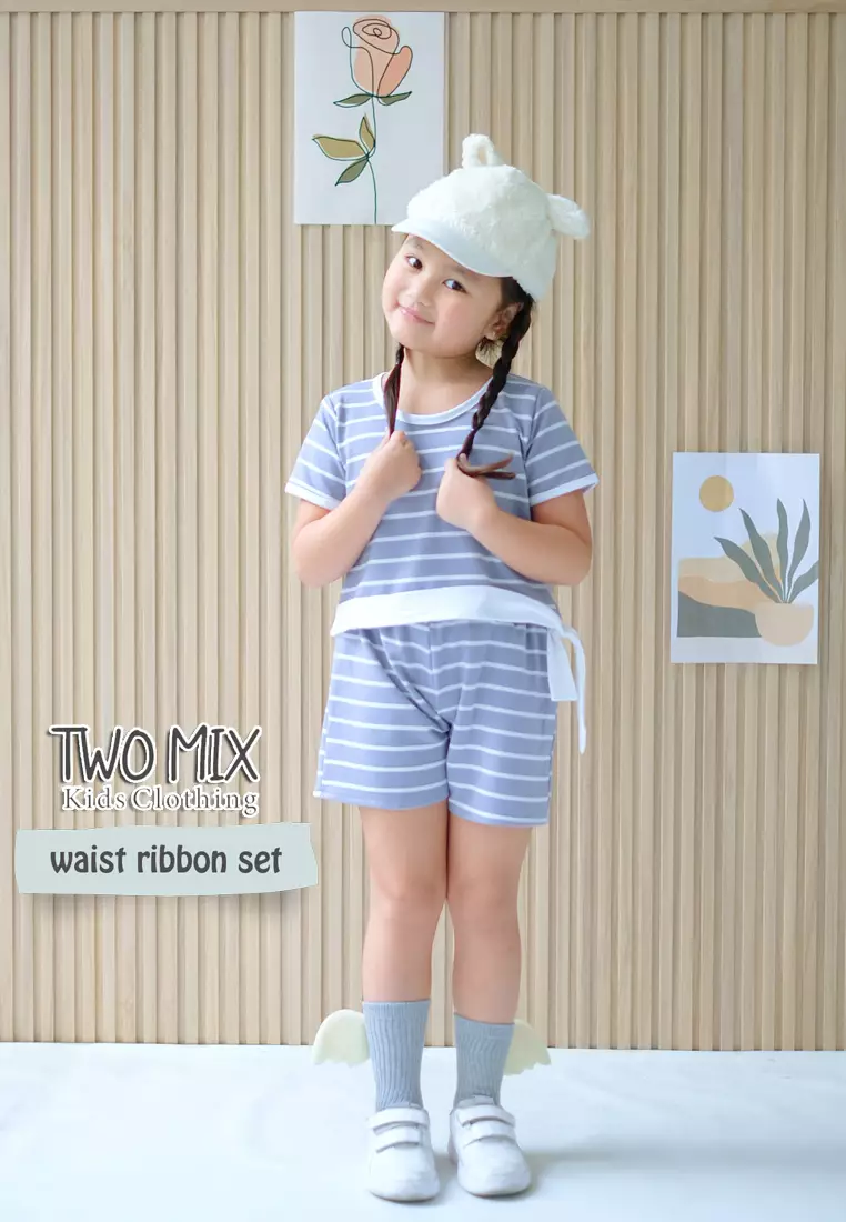 Two Mix - Baju Setelan Anak Perempuan Celana Pendek Salur 1-8 Tahun 4366 Dusty Blue