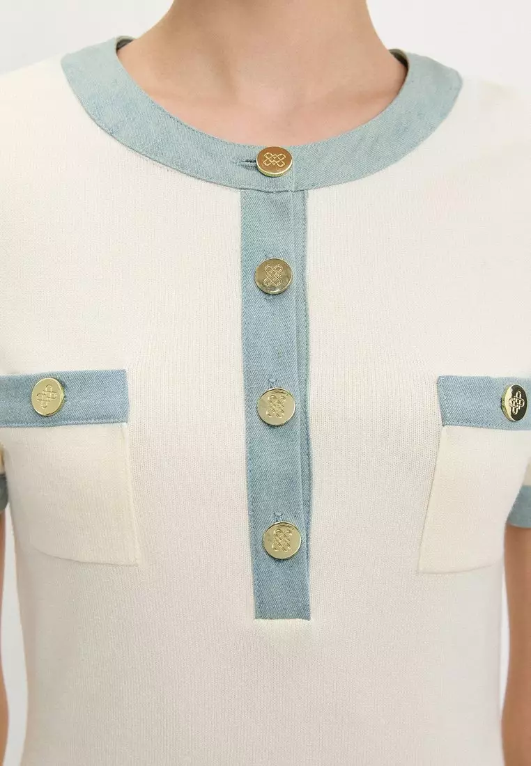 Contrast Trim Button-Up Knit Dress - Ivory