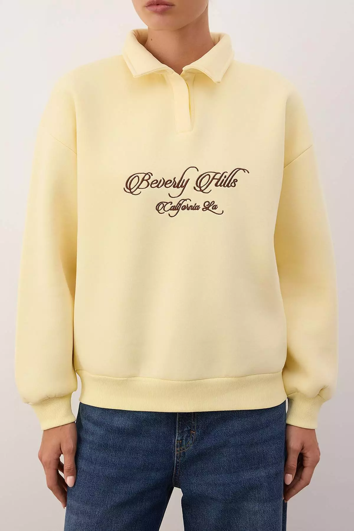 Yellow Shirt Collar Embroidered Regular Fit Thick Fleece Inside Knitted Sweatshirt Twoaw24Sw182