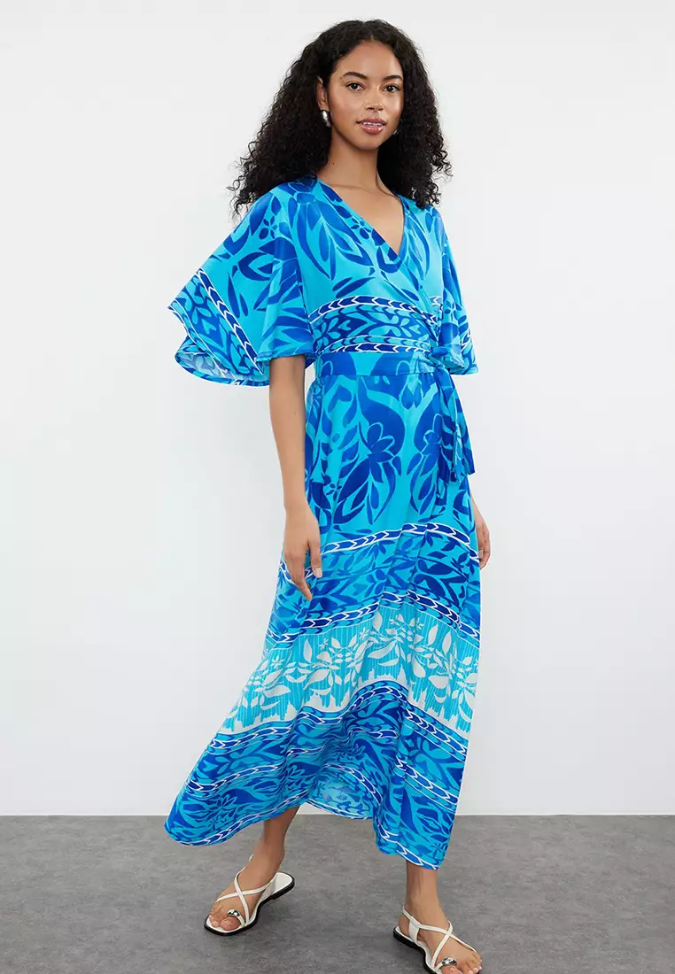 Blue Ethnic Belted Patterned A-Line Double Breasted Collar Woven Dress TWOSS24EL01046