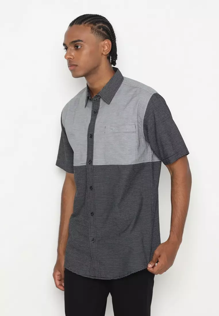 RBJ Kemeja Salur Kombi Hitam Regular Fit Pria