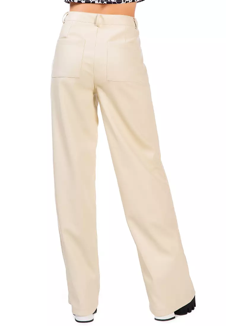 Cream Faux Leather Pocket Detail Straight Trouser
