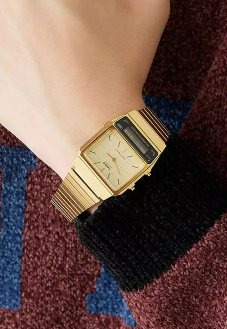 Vintage Analog-Digital Watch AQ-800EG-9A Gold Stainless Steel Band Unisex Watch