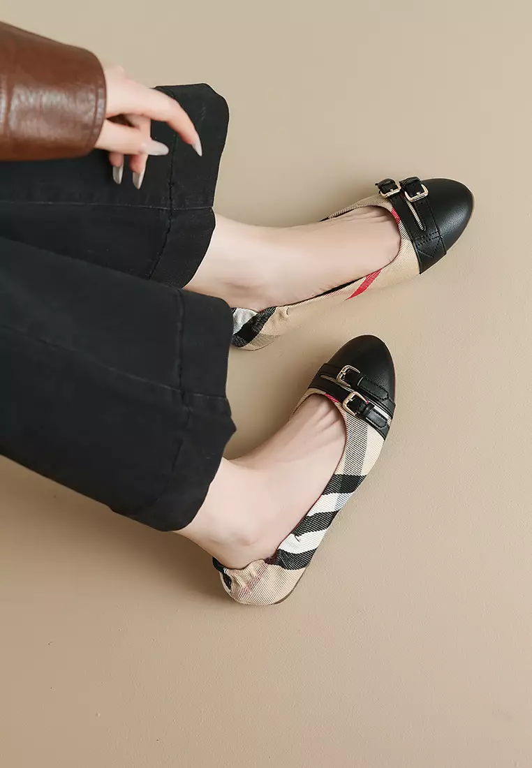 Buckle Plaid Faux Leather Flat Ballerinas WW955-5