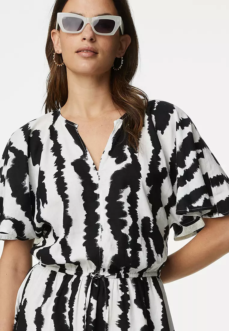 Linen Blend Printed V-Neck Swing Dress