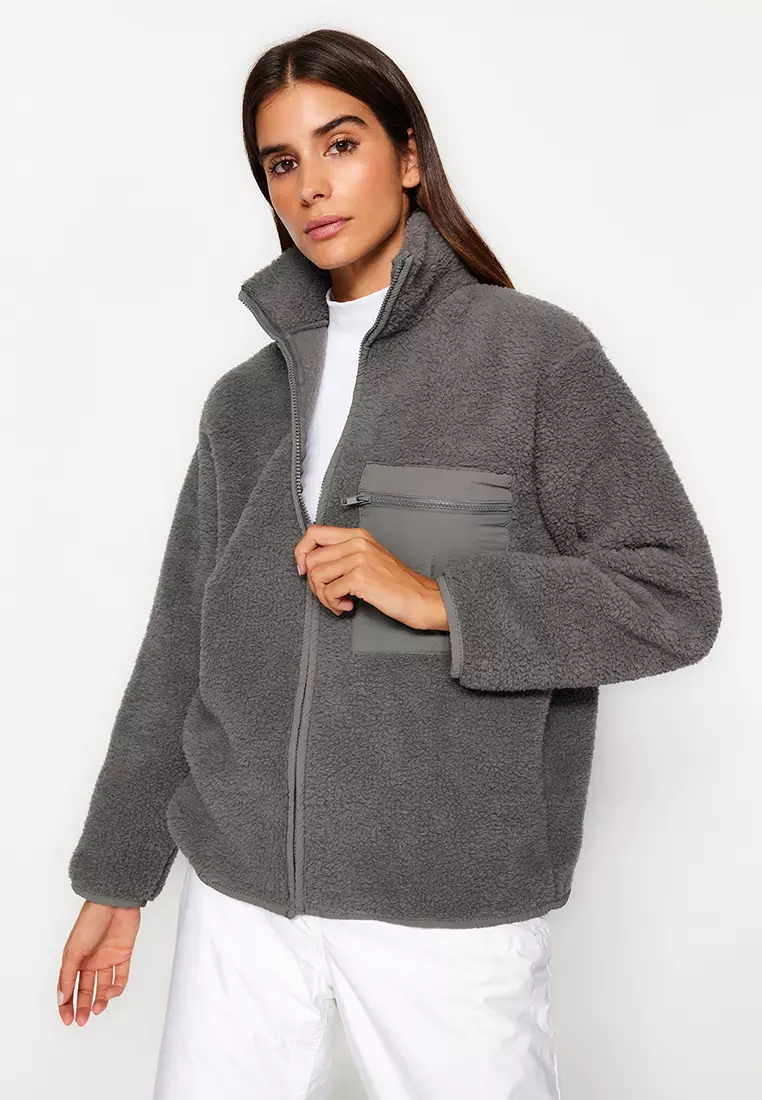 Winter Essentials Anthracite Thick Fleece Zippered Stand Collar Pocket Knitted Sweatshirt Twoaw24Sw71