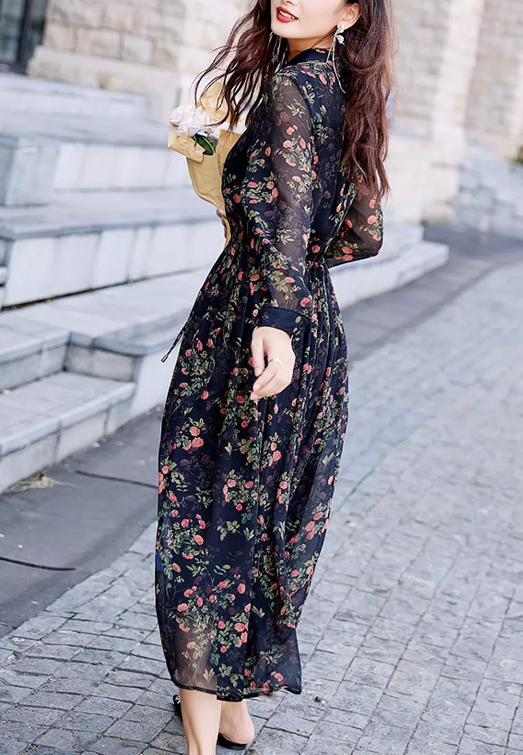 VANSA Floral Chiffon Long Sleeve Dress VCW Bd82565