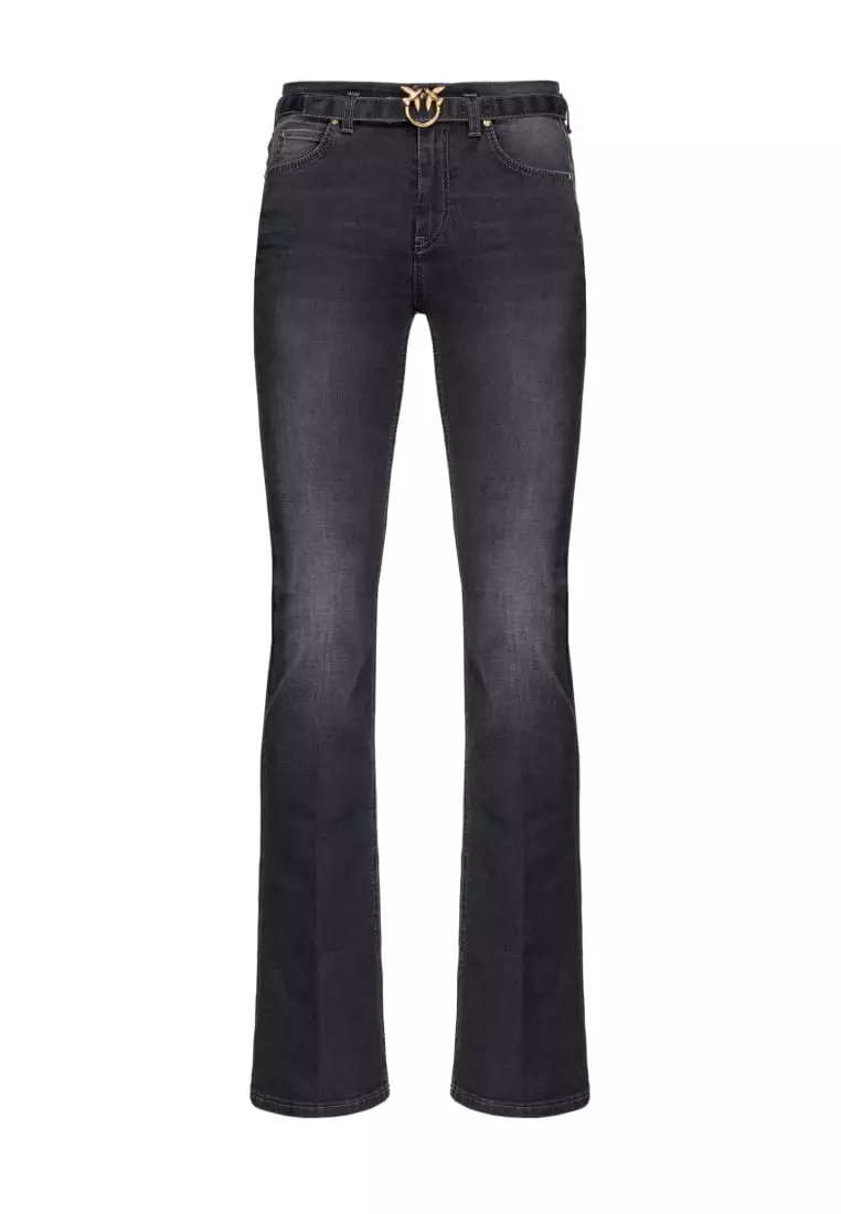 Flared black denim jeans with belt