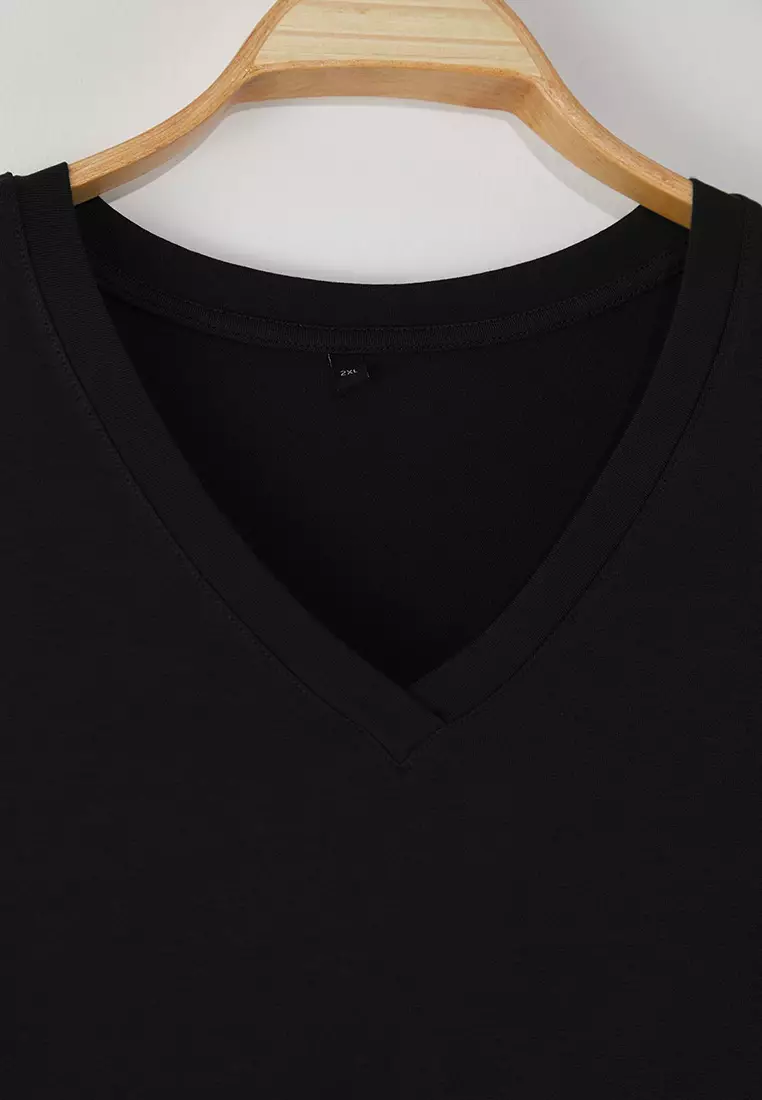 Black Regular Fit V Neck Plus Size T-Shirt Tbbss25Bf00062