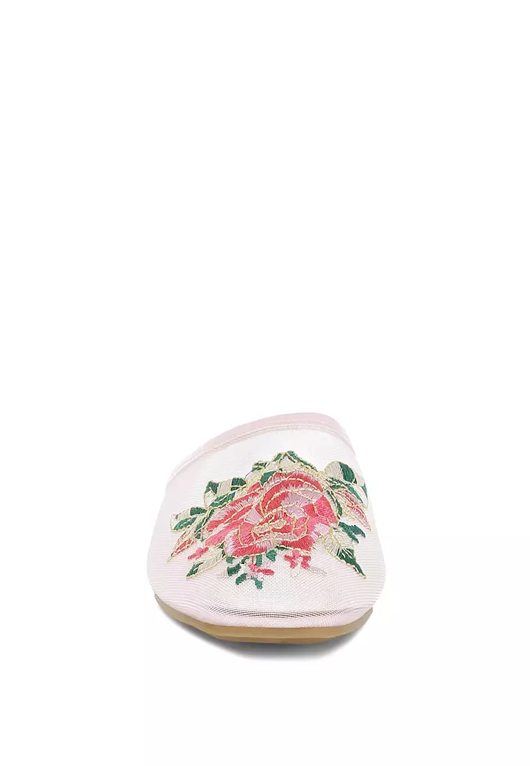 Floral Embroidered Mesh Mules in Pink