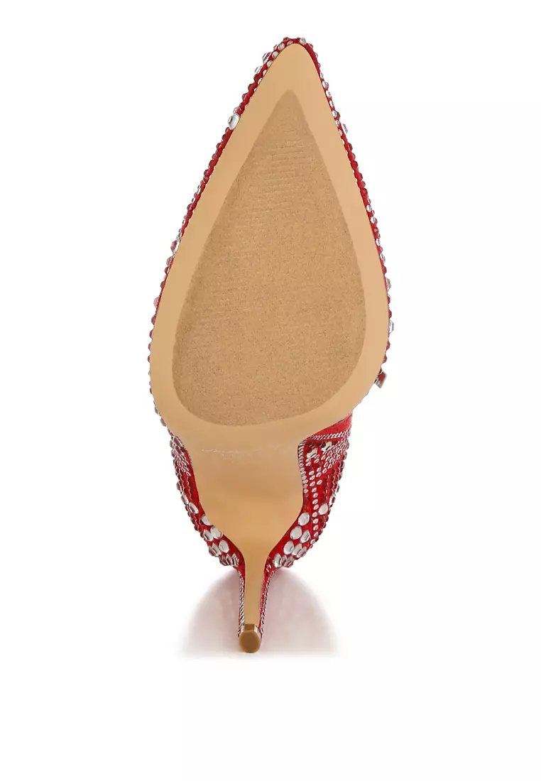 Rhinestones Studded Stiletto Heel Boots in Red