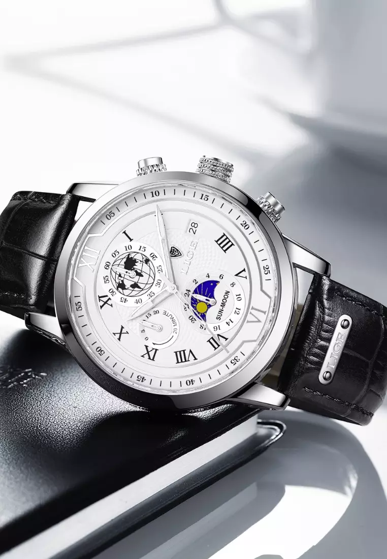 Chronograph Unisex 42mm Stainless Steel Quartz Watch, White Dial on Leather Strap