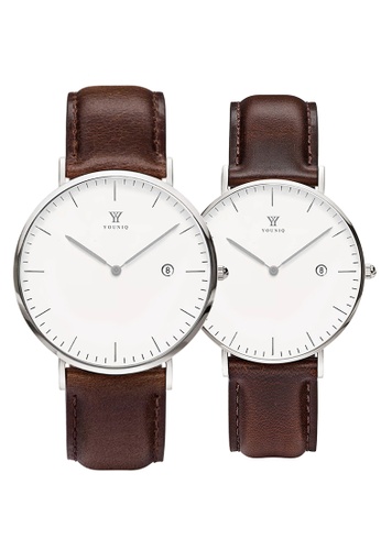 YOUNIQ white and silver and brown YOUNIQ Couple Set Pinot White Dial Silver Quartz Sapphire Crystal Genuine Leather Watch C633FAC7F2AF28GS_1