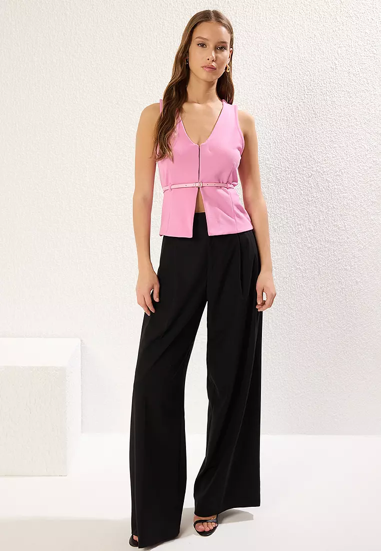 Pink Fitted Belted Crepe Knit Blouse