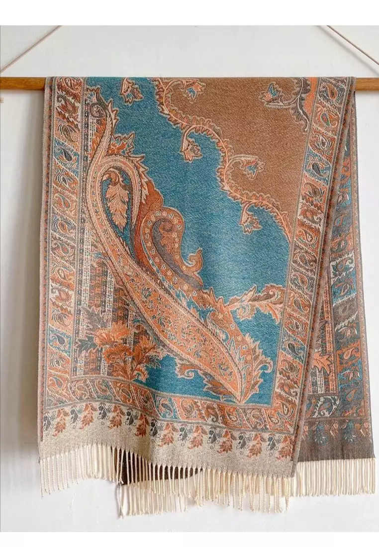 Syal Wanita Reversible Paisley Pattern Cashmere Pashmina Shawl Teal Sand