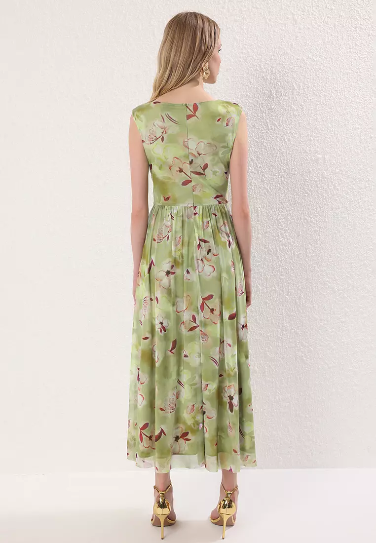 Green A-Line Cut Out/Window Detailed Lined Tulle Midi Evening Prom Dress TPRSS24EL00022