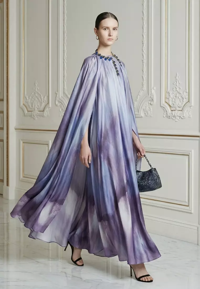 Demure Signature - Cape Kaftan in Italian silk Twill Abstract Purple - Dress