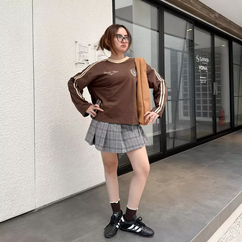 OOTDSUPPLY Longsleeve Boxy Double Stripe Elyses Dark Brown l Oversize T-Shirt Lengan Panjang l Kaos Kerah I Kaos Stripe | LSBX007
