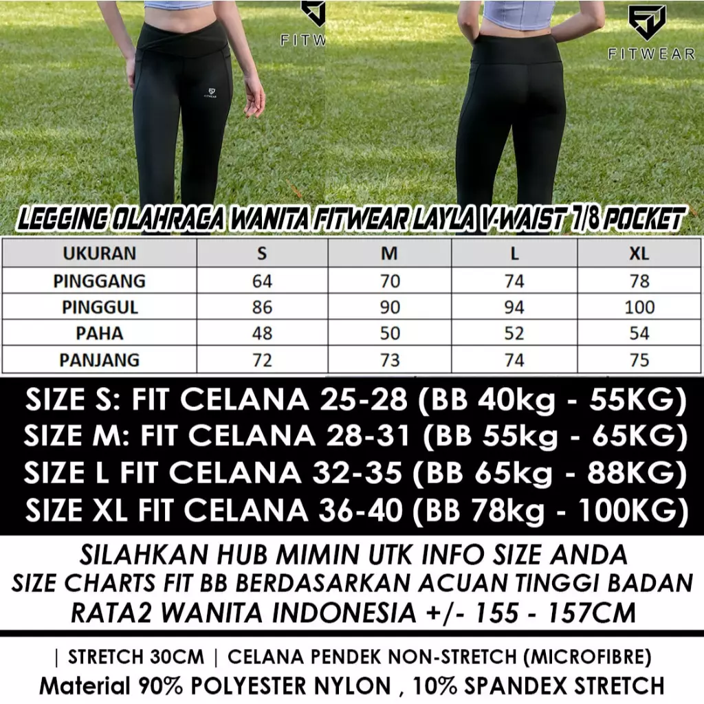  Fitwear Legging Olahraga Wanita LAYLA V-WAIST 7/8 2 POCKET COMPRESSION - BLACK