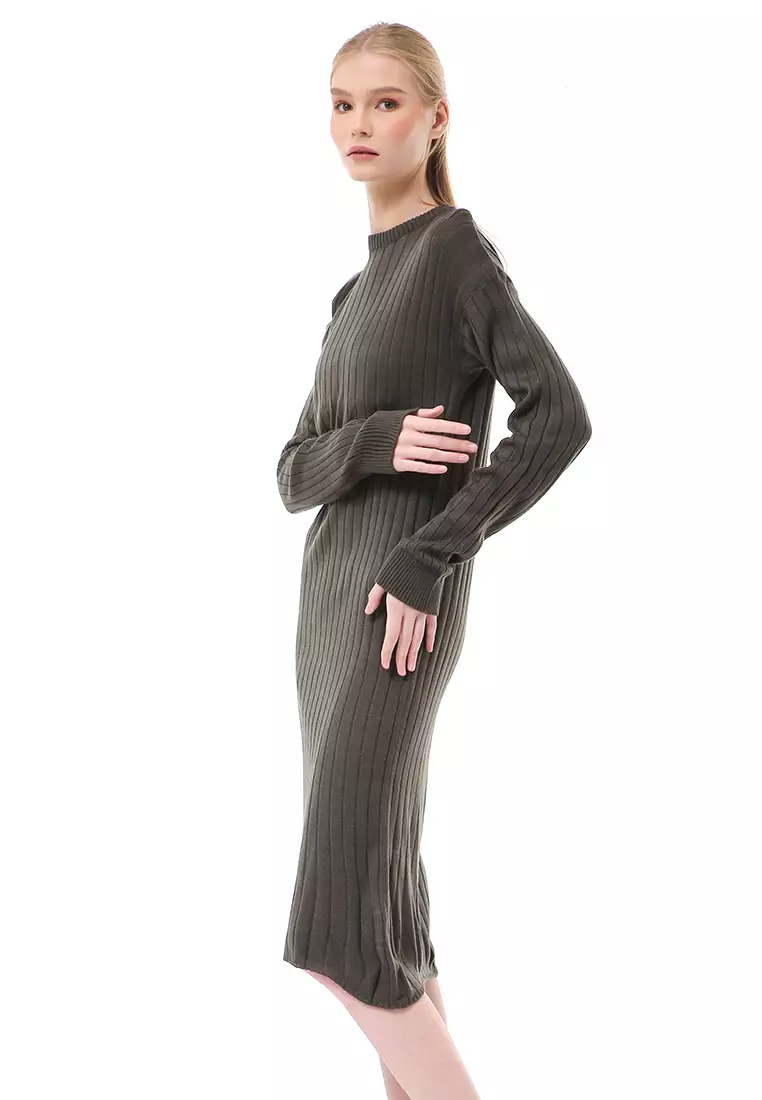 Adela Dress Rajut Tunik Wanita Motif Polos Long Sleeve Relaxed Fit - Army