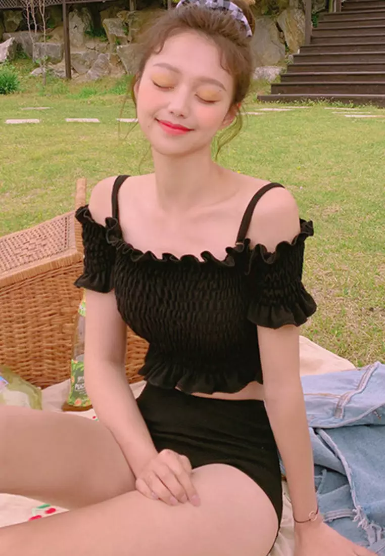 Age-Reducing Pleated Suspenders One-Shoulder Collar Split Swimsuit A22031710