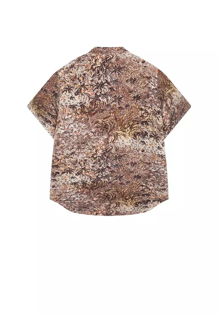 混纺图案元素花型宽松短袖衬衣