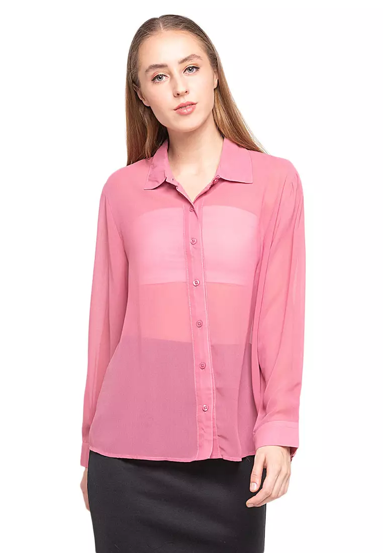Calder Kemeja Atasan Transparan Front Button Opening Design Simple Plain Shirt Wanita - Pink