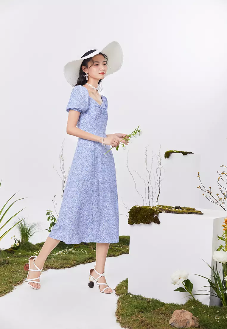 Front Slit Square Neck Floral Midi Dress