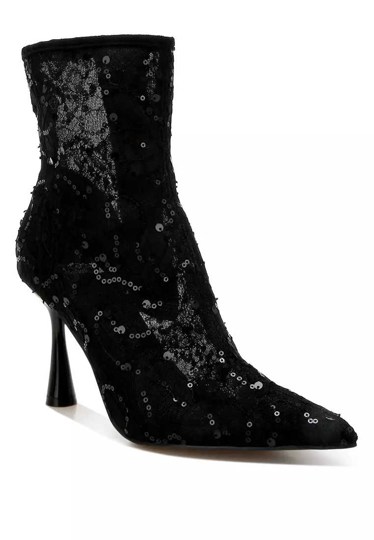 Sequin Lace Boots in Black