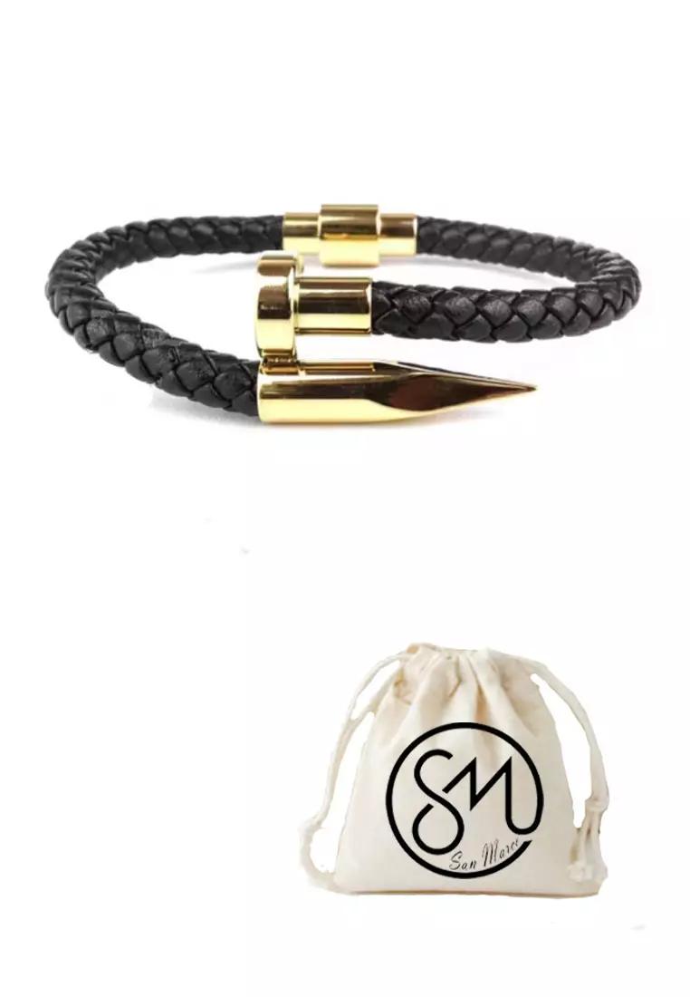 Accessories Pria Stainless Nail Design Center Leather Bracelet Gelang Pria Black & Gold