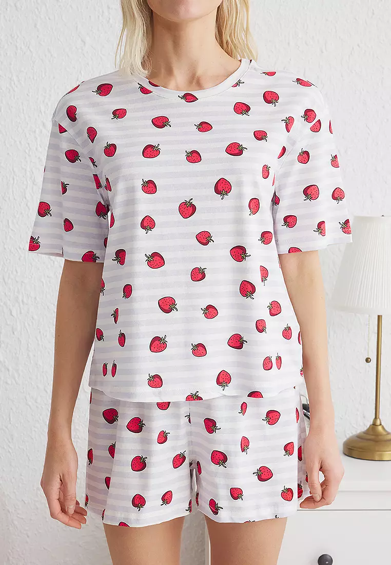 Multicolor Striped And Strawberry Patterned Shorts Knitted Pajama Set