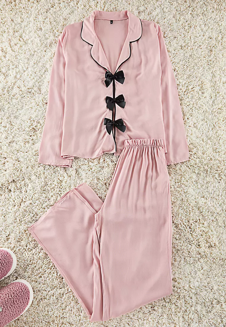 Powder Ribbon/Bow And Piping Detailed Woven Pajama Set