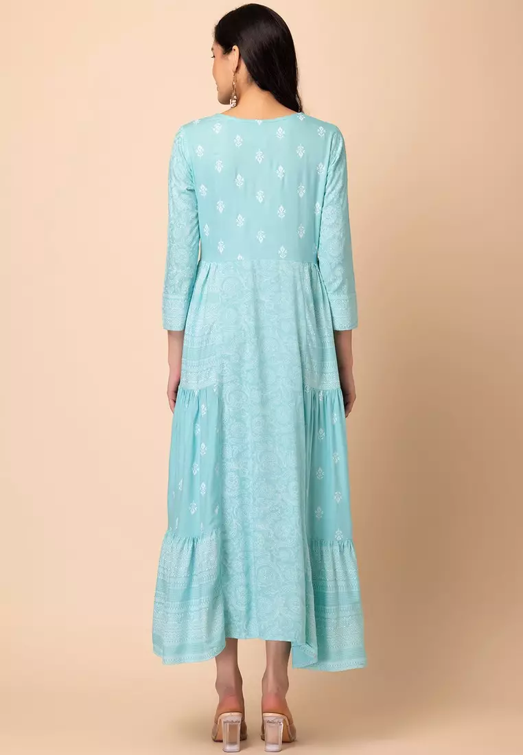 Light Blue Floral Print Rayon Tiered Dress