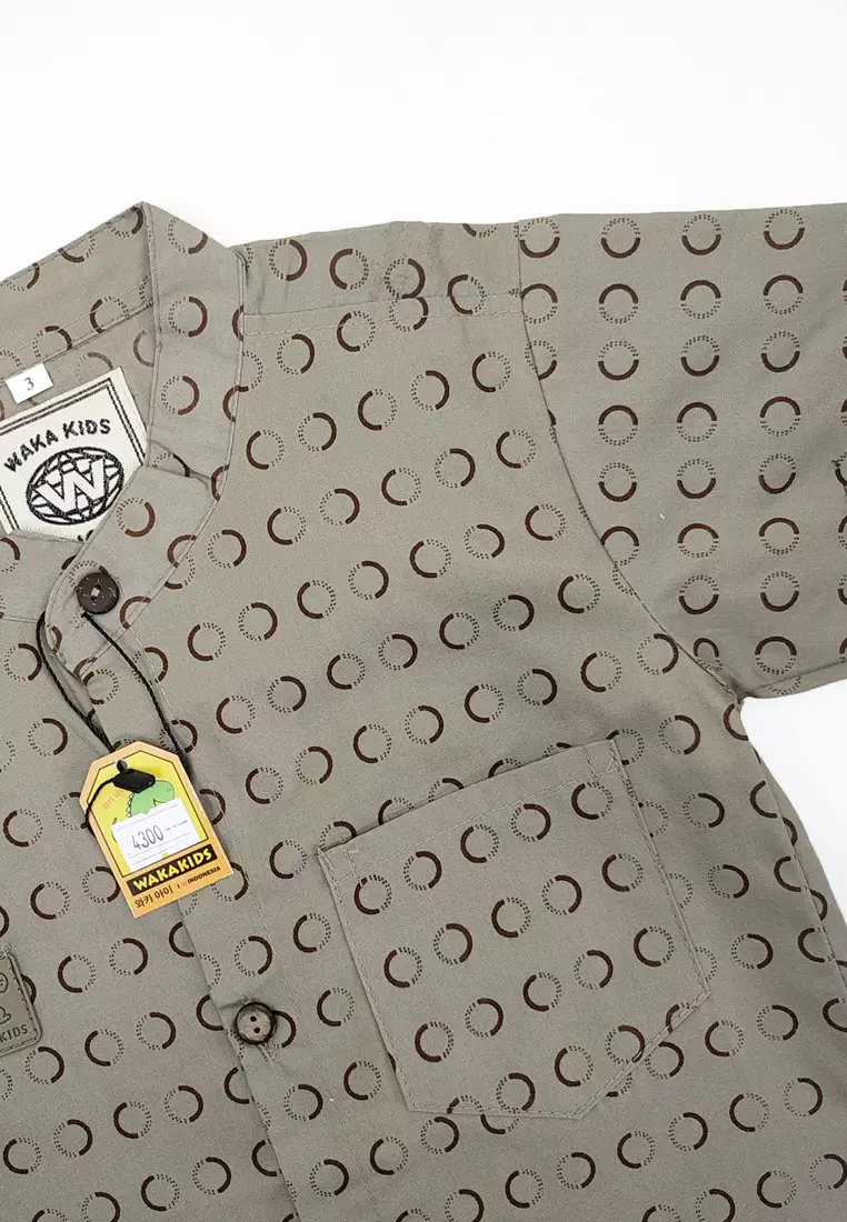 Wakakids Kemeja Anak Laki Laki Usia 1 Tahun Hingga 8 Tahun Atasan Baju Kerah Shanghai Mandarin Collar Shirt Motif Circle Pattern 4300 Vensk Cream