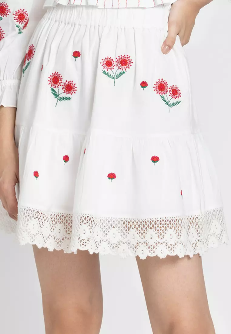 White Floral Embroidered Pure Cotton Skirt